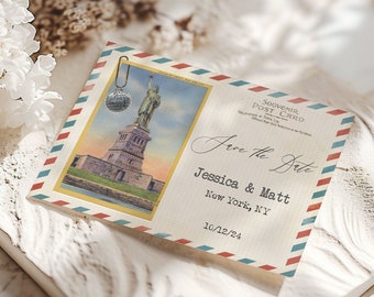 Save the Date Template, New York Postcard, Vintage Postcard Statue of Liberty, Editable File, Instant Download
