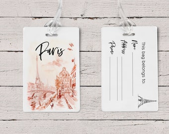 Paris France Luggage Tags, Personalized Tag, Bridal Shower Girls Trip, Aluminum Metal luggage tags for women