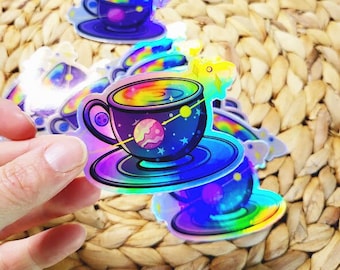 Holographic Tea Coffee Sticker, Waterproof Vinyl, Laptop Decal