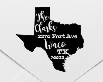 May include: Black and white silhouette of the state of Texas with the text "The Clarks", "2276 Fort Ave", "Waco", "TX", and "76633" inside the outline.