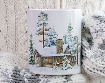 Winter Cabin Watercolor Mug, Cozy Christmas Gift