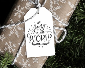 Black and White Joy to the World Gift Tag, Christmas Gift Tag, PRINTED Gift Tags with string, Holiday Gift Tags