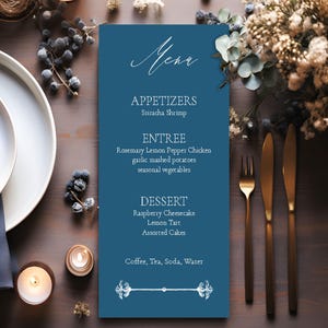 Bedrukte menukaarten, elegant blauw trouwmenu,| Menukaarten bruiloft, bedrukking op maat voor evenementmenu's