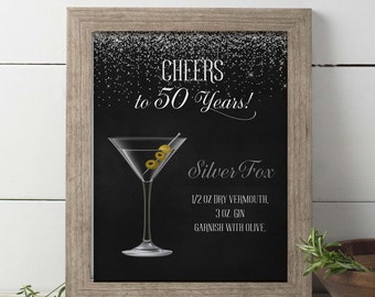 Birthday Signature Drinks Sign PRINTED Silver Birthday, Any Age, Bar Menu, Fifty Years Sign, 50th Birthday Cocktail Sign