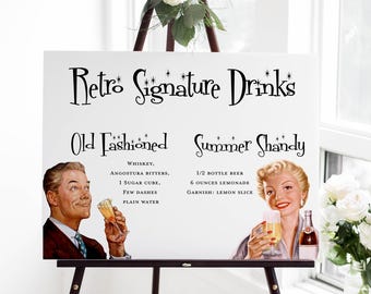 Retro Signature Drinks Sign, Cocktail Recipe Bar Cart Art, Wedding Bar Menu