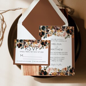 Boho Terracotta Floral Flowers Wedding Invitation Set with RSVP Details Card Printable image 3