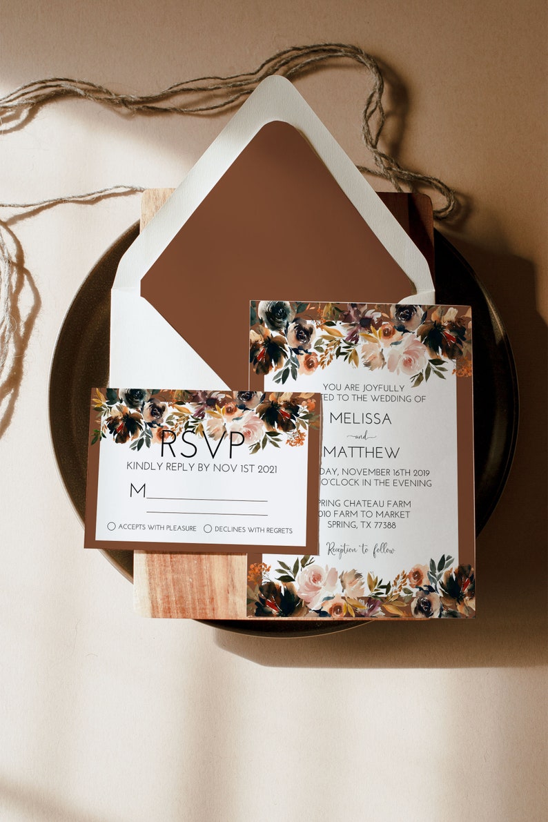 Boho Terracotta Floral Flowers Wedding Invitation Set with RSVP Details Card Printable image 3