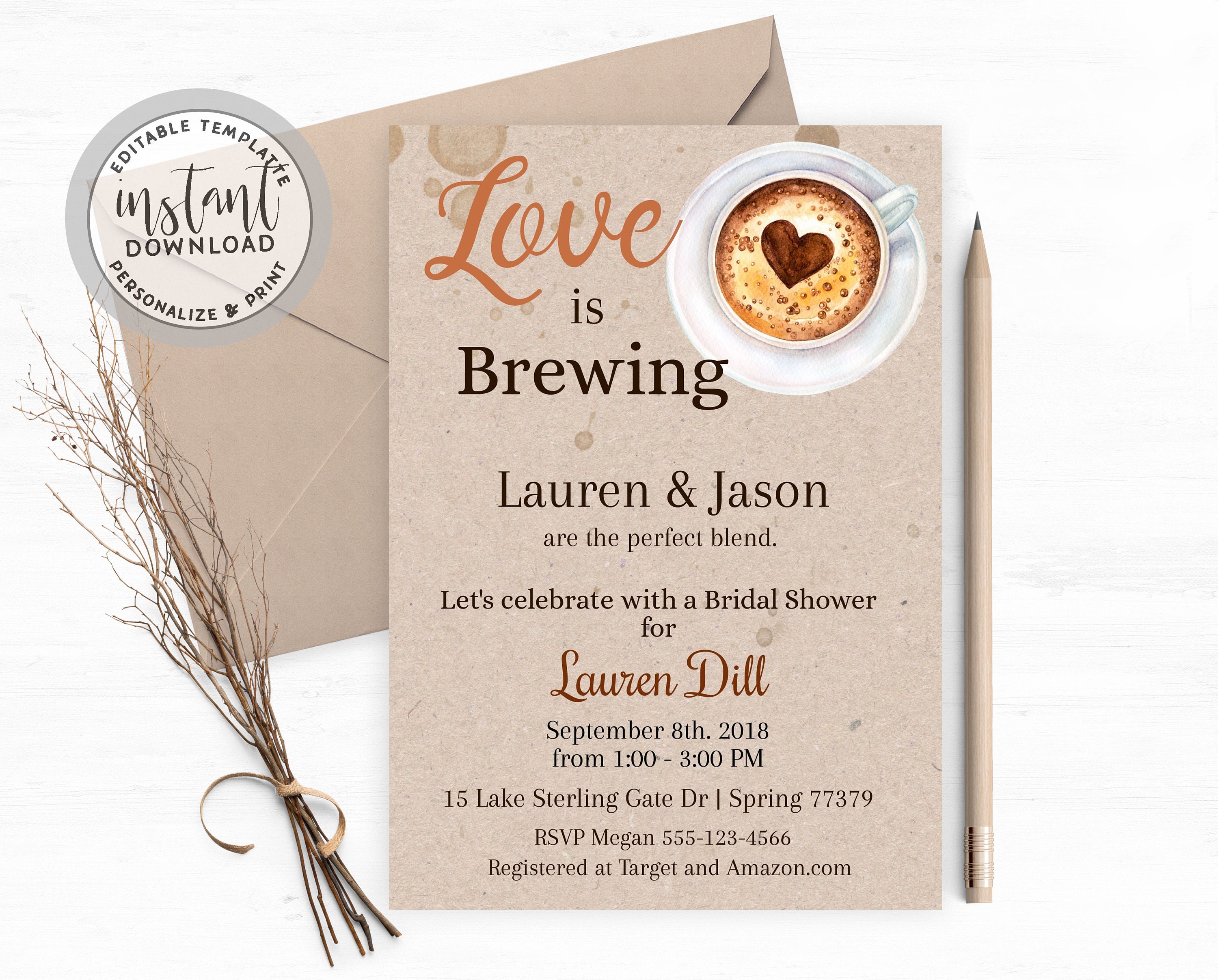 Rustic Coffee Bridal Shower Invitation Printable Love is Etsy