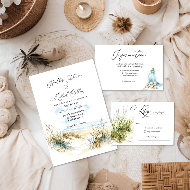 Elegant Beach Wedding Invitation Template, Watercolor Seascape (digital ...