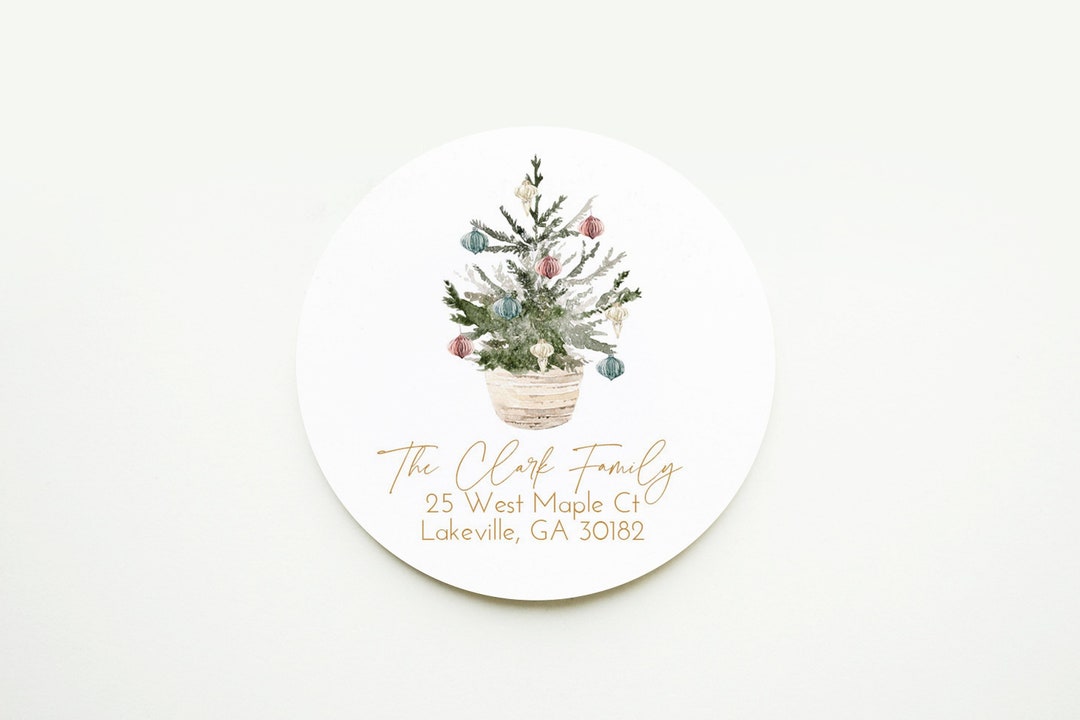Christmas Tree Return Address Sticker, 2 Inch Circle Return Address