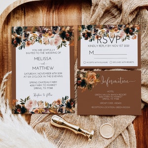 Boho Terracotta Floral Flowers Wedding Invitation Set with RSVP Details Card Printable image 1