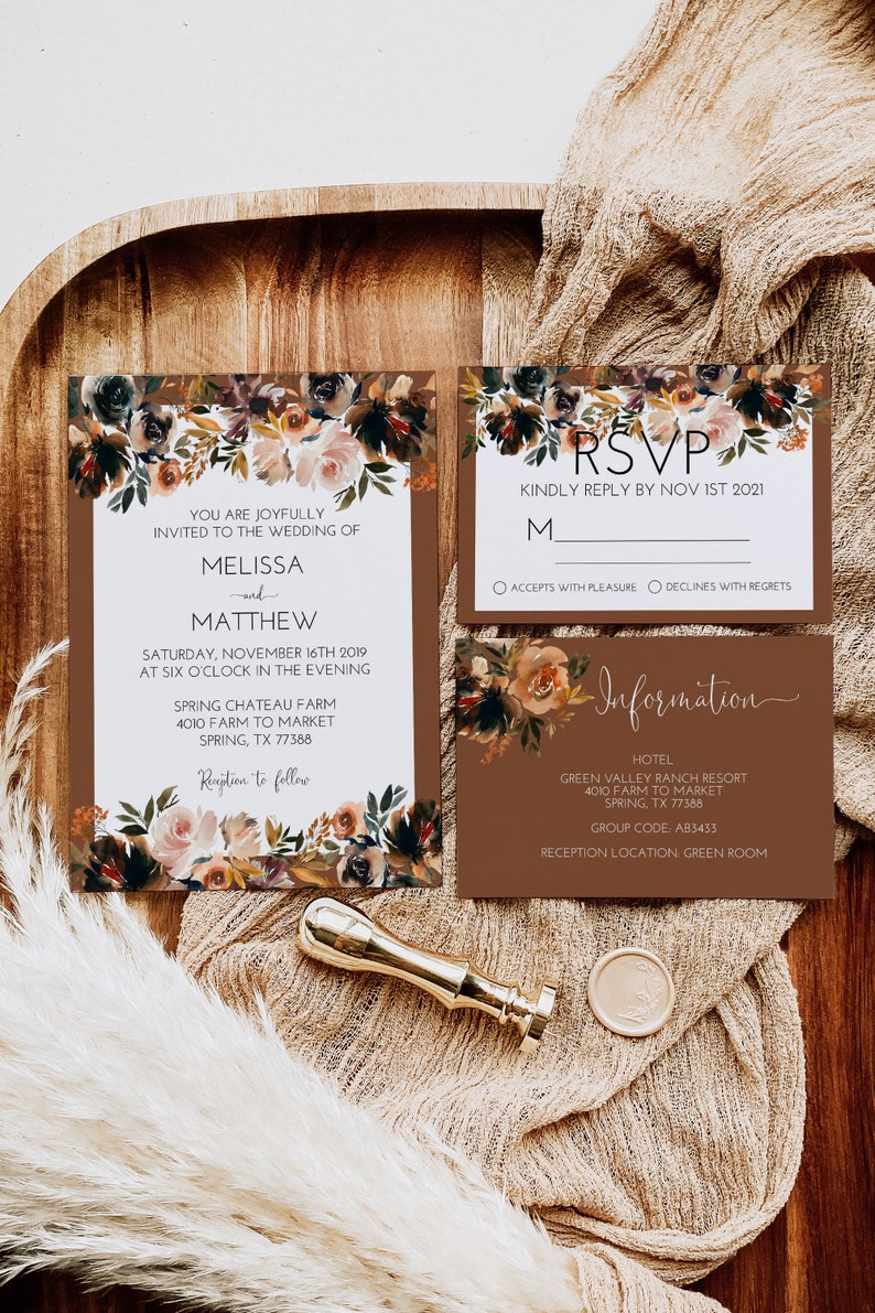 Boho Terracotta Floral Flowers Wedding Invitation Set with RSVP Details Card Printable image 1