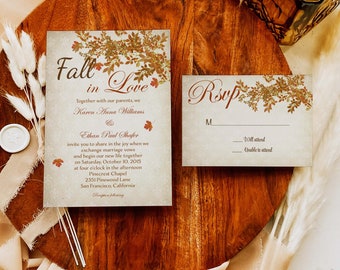 Fall in Love Wedding Invitation, Rustic Wedding Invites, Falling Maple Leaves Wedding Invitation Suite