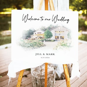 "Aquarell Hochzeit Willkommen Zeichen, Gästebuch Alternative, Foto Kirche Illustration, ""Gästebuch"" Zeichen bedruckbar."