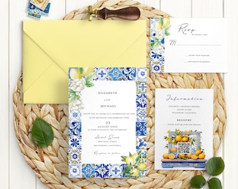 Lemon Mediterranean Wedding Invitation Set, Italian Blue Tile, Elegant, Italy, Destination QR code RSVP