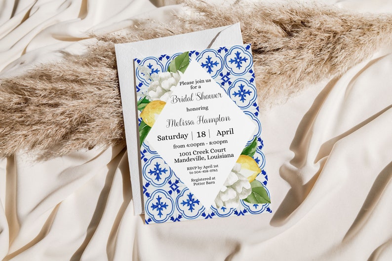 Lemon Mediterranean Bridal Shower Template Lemon Bridal Shower Invitation Editable File, Instant Download, Blue Tile White Flowers image 3