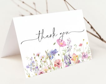 Wildflower Thank You Card, PRINTED Folded Card Bridal Shower, Wedding, Baby