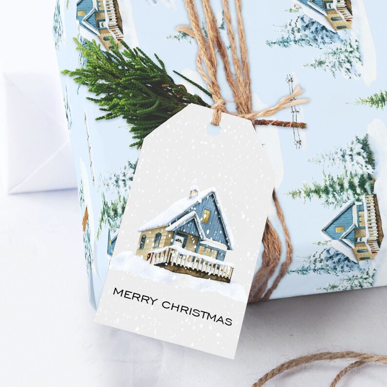 Christmas Gift Tag, Cozy Blue Cabin Christmas gift tag, Winter Holiday Gift Tags, PRINTED Gift Tags with string image 2