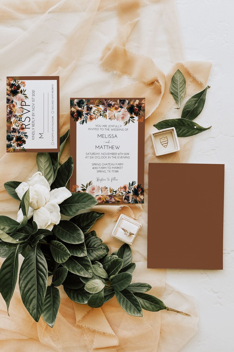 Boho Terracotta Floral Flowers Wedding Invitation Set with RSVP Details Card Printable image 2