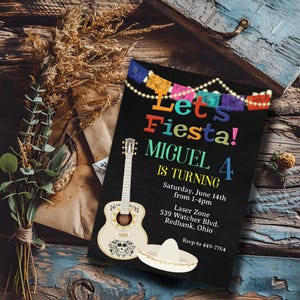 Fiesta Mexican Sugar Skull Guitar Birthday Invitation, Kid Birthday Party Invite, Coco Inspired Birthday, Day of the Dead Invite, Template