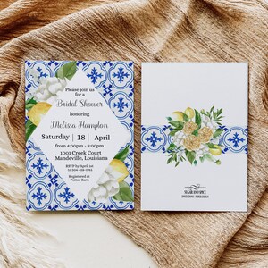 Lemon Mediterranean Bridal Shower Template Lemon Bridal Shower Invitation Editable File, Instant Download, Blue Tile White Flowers image 4