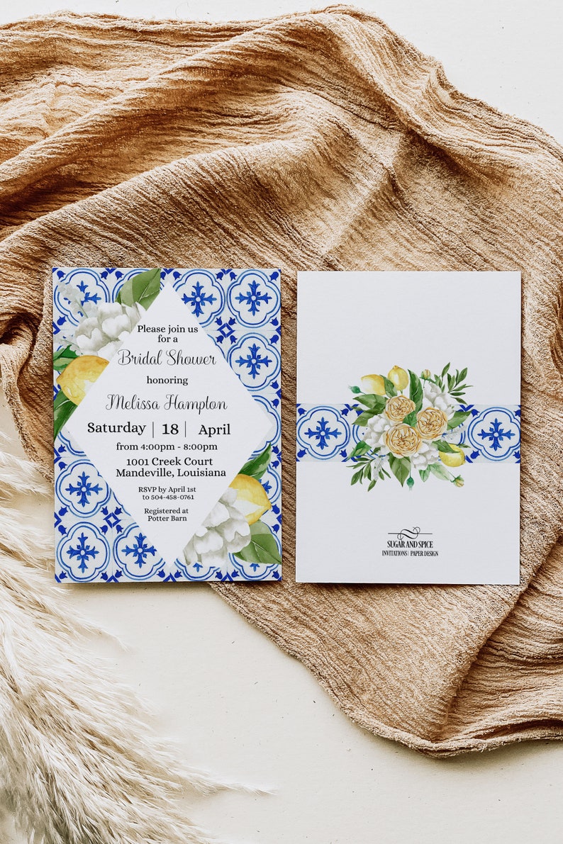 Lemon Mediterranean Bridal Shower Template Lemon Bridal Shower Invitation Editable File, Instant Download, Blue Tile White Flowers image 4