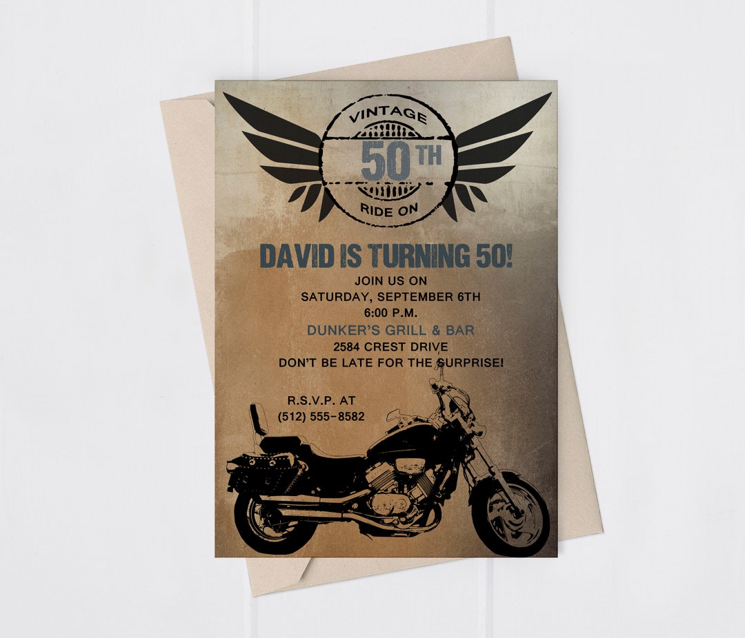 Motorcycle Birthday Invitation for Men, 50th Adult Birthday Invitation ...