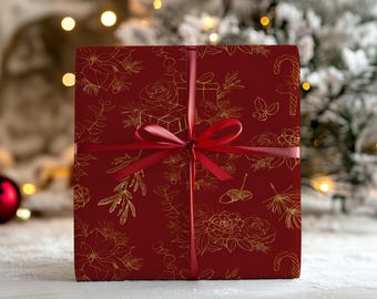 Red and Gold Christmas Wrapping Paper, Floral Gift Wrap (5 Sheets)