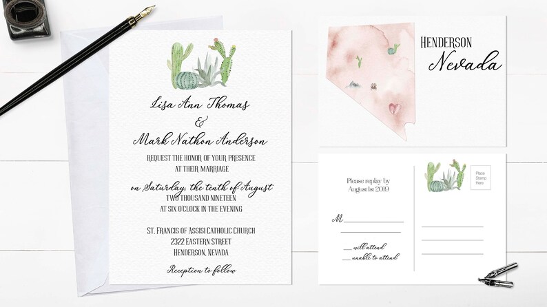 Destination Wedding Invitation,Desert Wedding Watercolor Nevada Wedding Invitation Cactus Flowers,Printed Invitation,Wedding Set,Envelopes