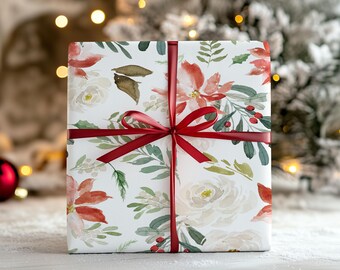 Christmas Floral Gift Wrap, Holiday Wrapping Paper, Boutique Quality