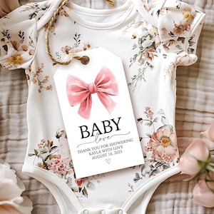 Pink Bow Baby Shower Gift Tag, PRINTED Gift Tags with string, Girl Baby Shower Favor Tag, Coquette Bow Gift Tag