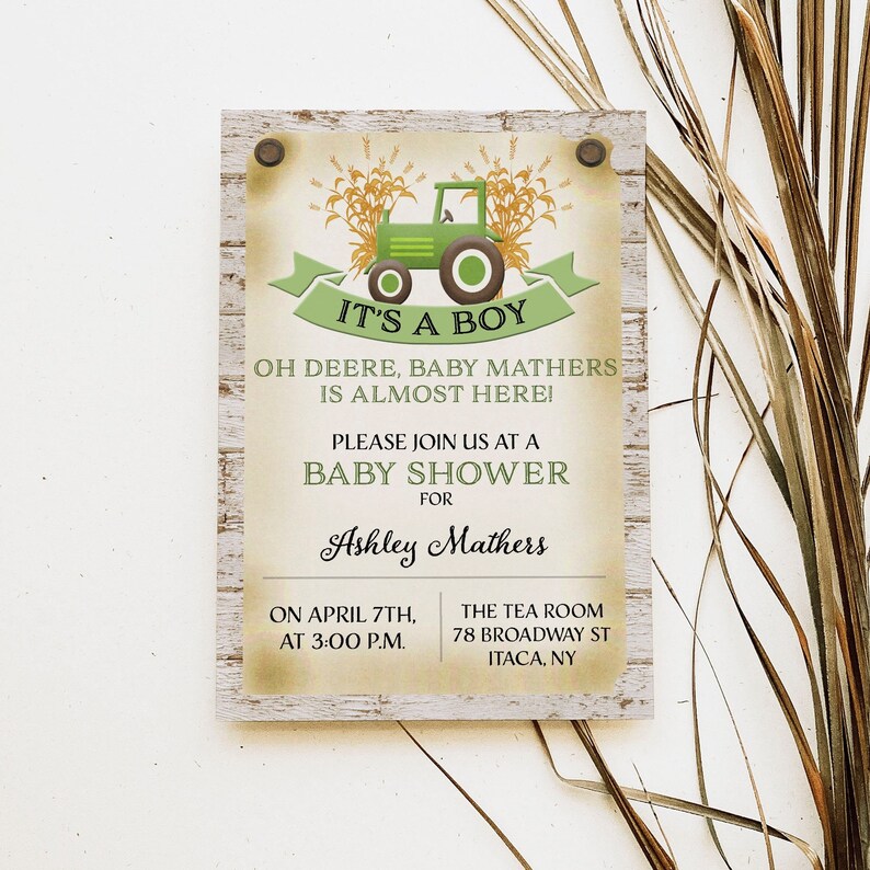 Rustic Green Tractor Baby Shower Invitation Boy Farm Baby Etsy