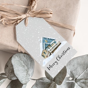 Christmas Gift Tag, Cozy Blue Cabin Christmas gift tag, Winter Holiday Gift Tags, PRINTED Gift Tags with string image 3