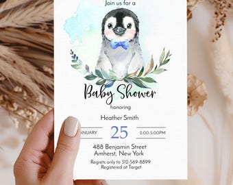 Arctic Penguin Baby Shower Invitation, Winter Boy Theme (Digital Download)