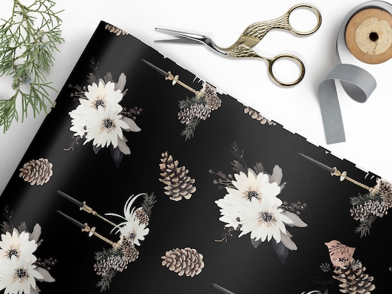 Black and White Floral Wrapping Paper Sheets