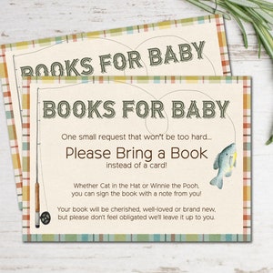 May include: A light blue and green plaid card with the text "BOOKS FOR BABY" in dark green. The card has a fishing rod and a fish illustration. The text on the card reads "One small request that won't be too hard... Please Bring a Book instead of a card! Whether Cat in the Hat or Winnie the Pooh, you can sign the book with a note from you! Your book will be cherished, well-loved or brand new, but please don't feel obligated we'll leave it up to you."