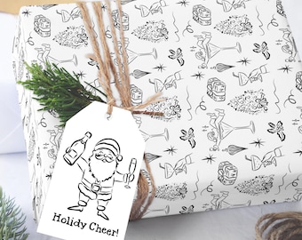 Cocktail Santa Christmas Wrapping Paper, Adult Holiday Gift Wrap, Festive Wrapping Paper, Christmas Sheets, Seasonal Gift Wrap