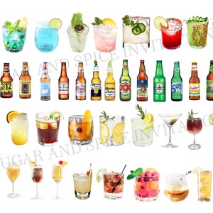 Puede incluir: Una colecci&oacute;n de c&oacute;cteles coloridos y bebidas alcoh&oacute;licas, que incluyen cerveza, vino y bebidas mezcladas. Las bebidas est&aacute;n dispuestas en filas e incluyen varios adornos, como frutas, hierbas y especias.