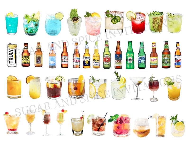 Puede incluir: Una colecci&oacute;n de c&oacute;cteles coloridos y bebidas alcoh&oacute;licas, que incluyen cerveza, vino y bebidas mezcladas. Las bebidas est&aacute;n dispuestas en filas e incluyen varios adornos, como frutas, hierbas y especias.