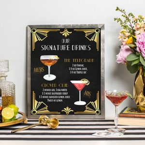 Art Deco Signature Drink Sign Boda IMPRESO, Signo de bebidas exclusivas, Signo de cóctel exclusivo, Signo de menú de bar, Bebidas para él y para ella, Signo de bar