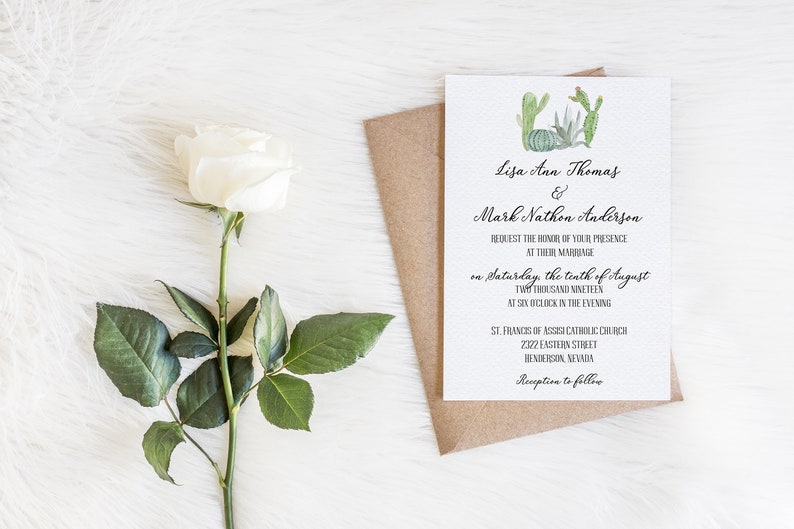Destination Wedding Invitation,Desert Wedding Watercolor Nevada Wedding Invitation Cactus Flowers,Printed Invitation,Wedding Set,Envelopes