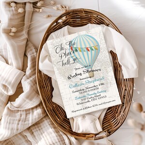 Modello di invito per baby shower con mongolfiera blu, tema avventura, mappa, bambino, invito modificabile, decorazioni per feste di nascita