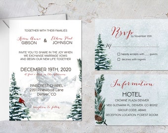 Winter Wedding invitation Suite, Rustic Winter Forest Wedding Invitation, Pine Trees Wedding Invitation, Romantic Winter Wedding Invitation