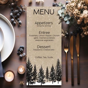Gedrukte menu's, rustiek winterbos trouwmenu,| Menukaarten bruiloft, bedrukking op maat voor evenementmenu's