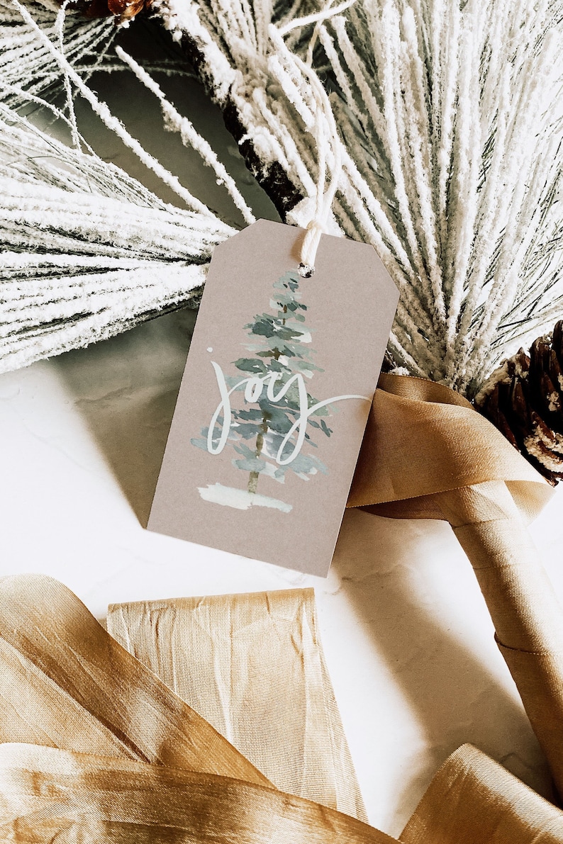 Watercolor Christmas Tree Gift Tag, Christmas gift tag, Holiday Gift Tags, PRINTED Gift Tags with string image 1