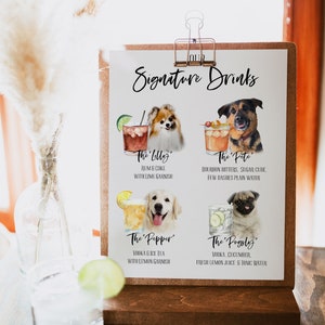 Letrero de bebida de autor para boda con mascota, letrero de boda personalizado, letrero de bar, bodas con temática de mascotas, letrero de menú de bebidas, decoración de recepción