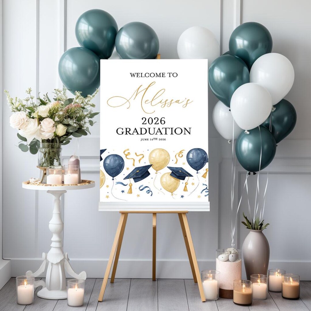 Custom Graduation Welcome Sign, Black Gold Balloons, Boho Floral Print ...