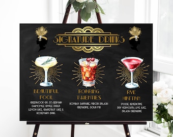 Art Deco Signature Drinks Sign Wedding, Great Gatspy Sign, Signature Drink Sign, Wedding Bar Sign, Gold Drink Sign Printable