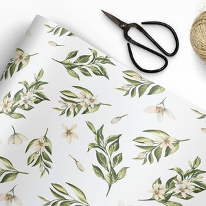 May include: White wrapping paper with a repeating pattern of green leaves and white flowers. The paper is rolled up and partially unrolled, revealing the pattern.