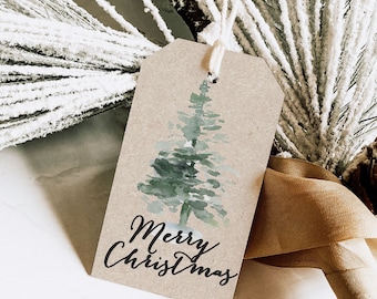 Watercolor Christmas Tree Gift Tag, Christmas gift tag, Holiday Gift Tags, PRINTED Gift Tags with string